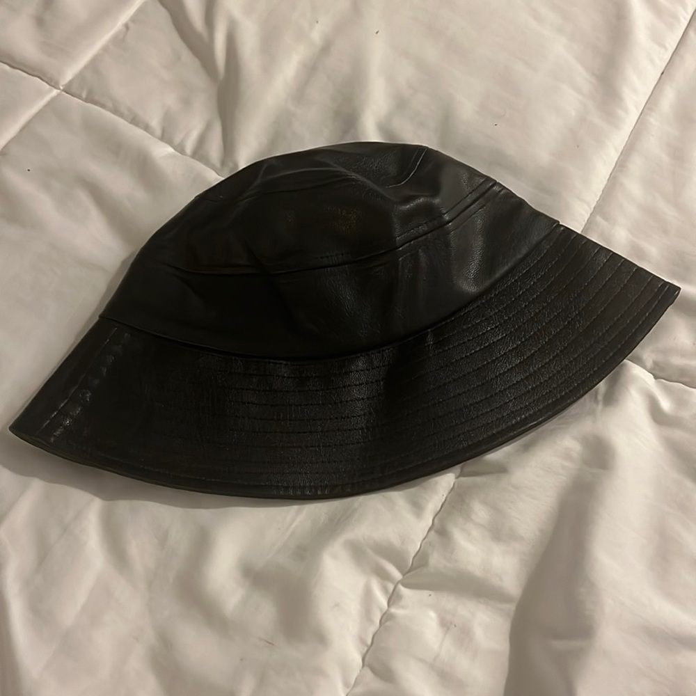 Black Faux Leather Bucket Hat
